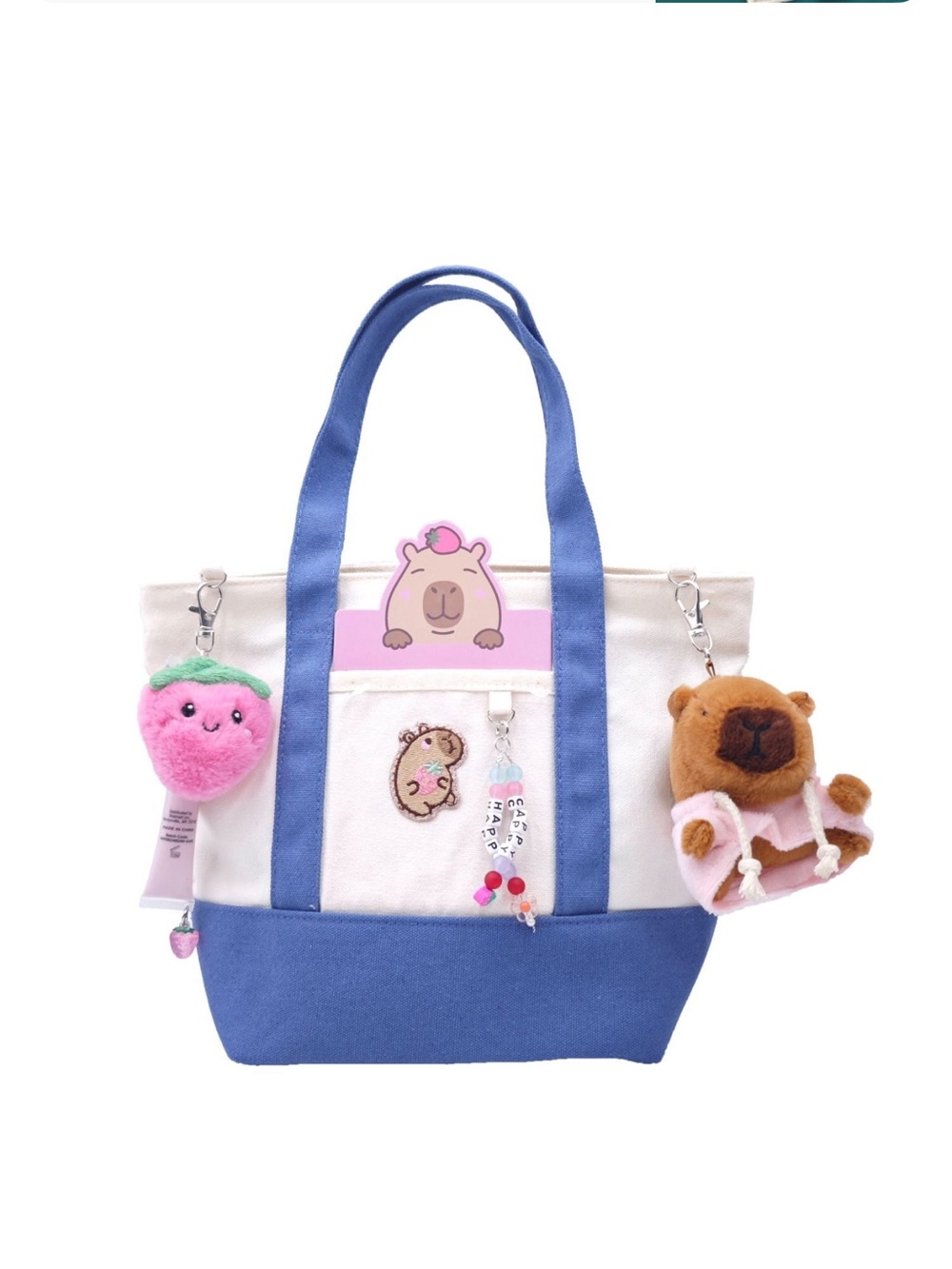 Blue & White Kids Tote Bag with Plush Charms